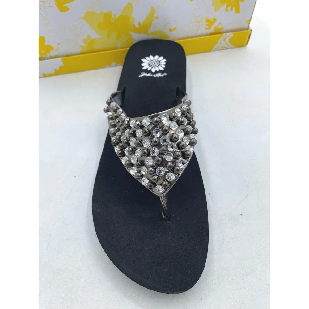 Yellow Box Idetta Pewter Rhinestone Studded Wedge Flip Flop Sandals Womens 11 - Picture 2 of 11